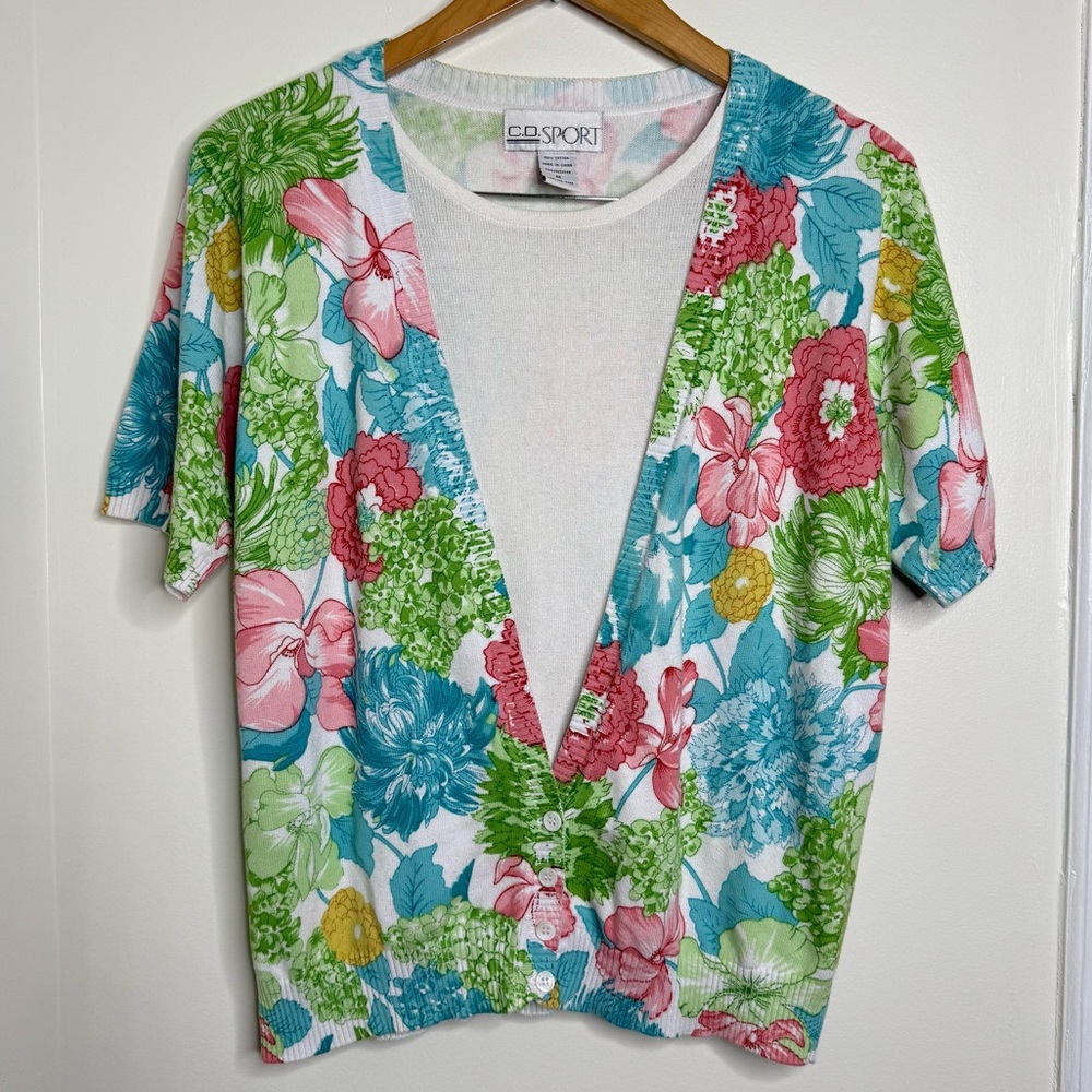 Vintage 90s CD Sport Short Sleeve Floral Sweater Top Women’s Medium Cottagecore